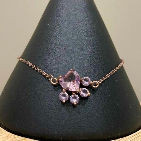 Sterling Silver Rose Gold Pink CZ Dog Animal Heart Paw Print Bracelet - Picture 2 of 5